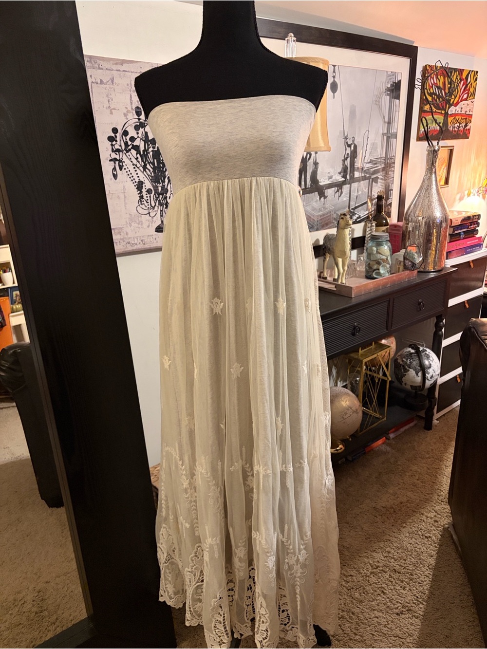Sundance Cream Boho Strapless Lace Maxi Dress